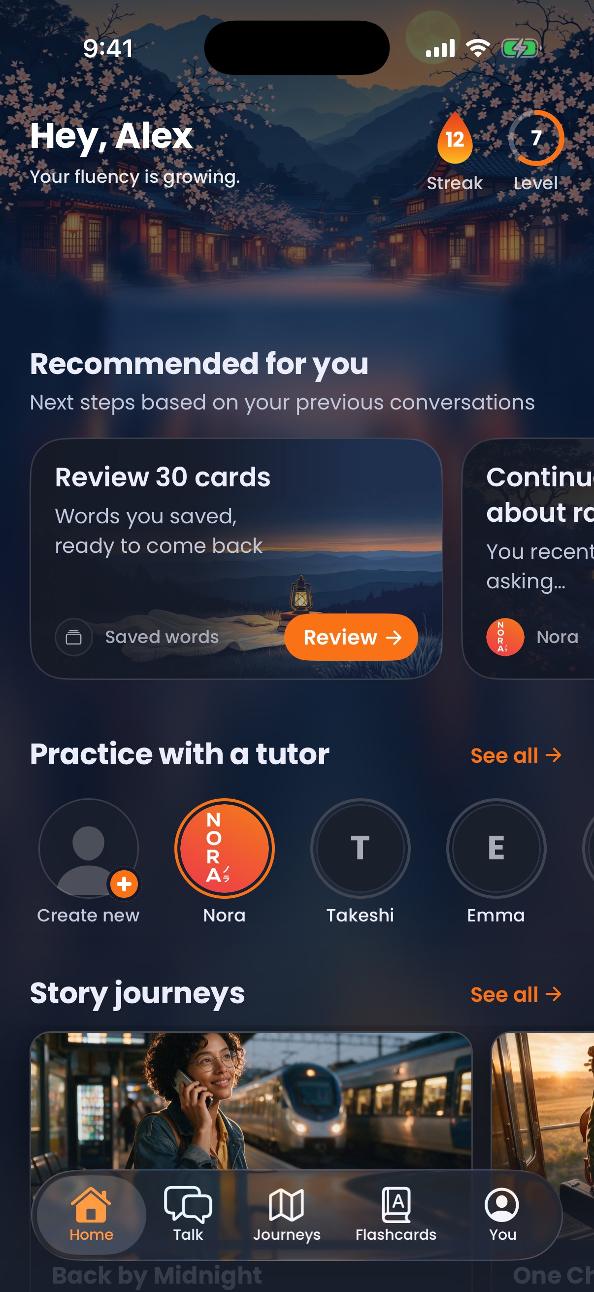 The Nora home screen on the phone with tutors, lessons and adventures to pick from.
