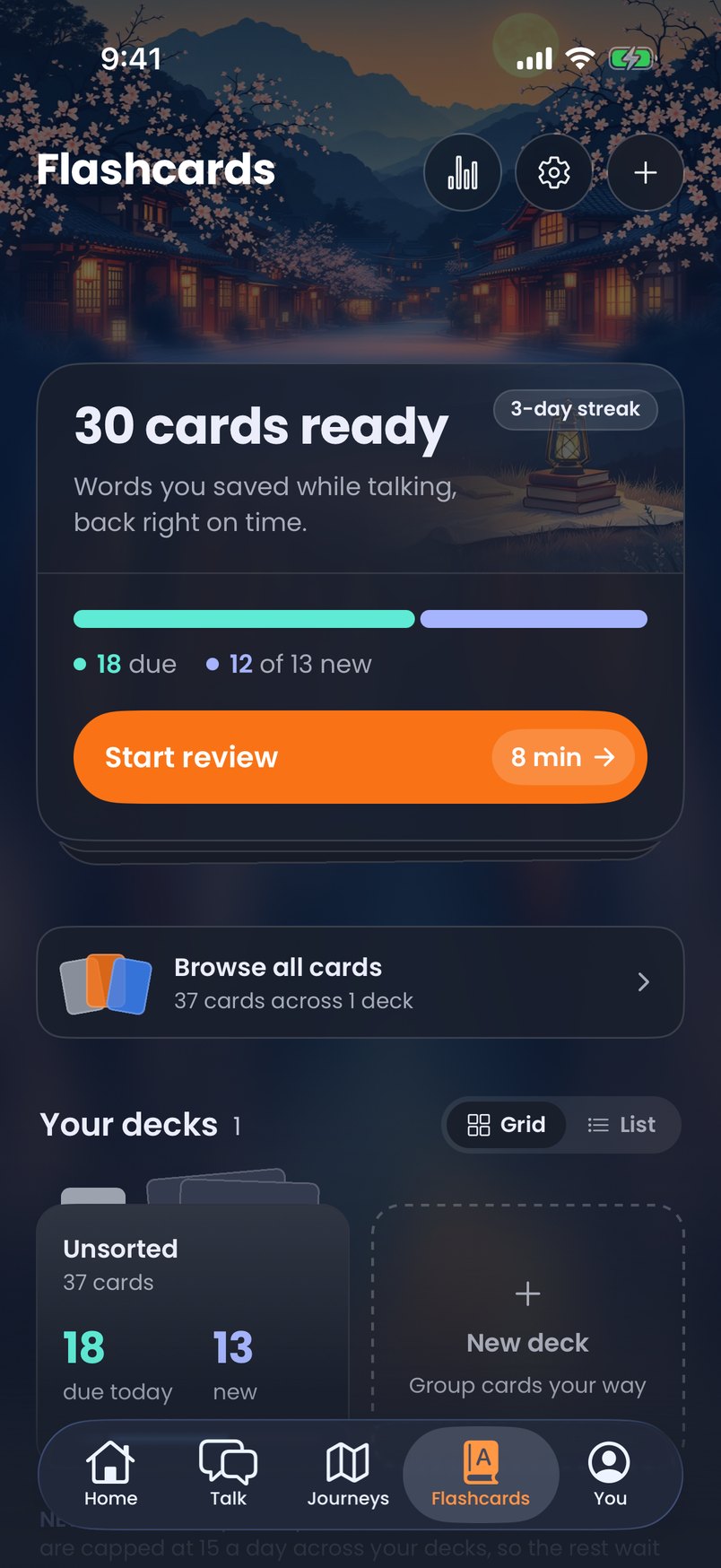 The flashcards home on the phone: cards ready, three decks.